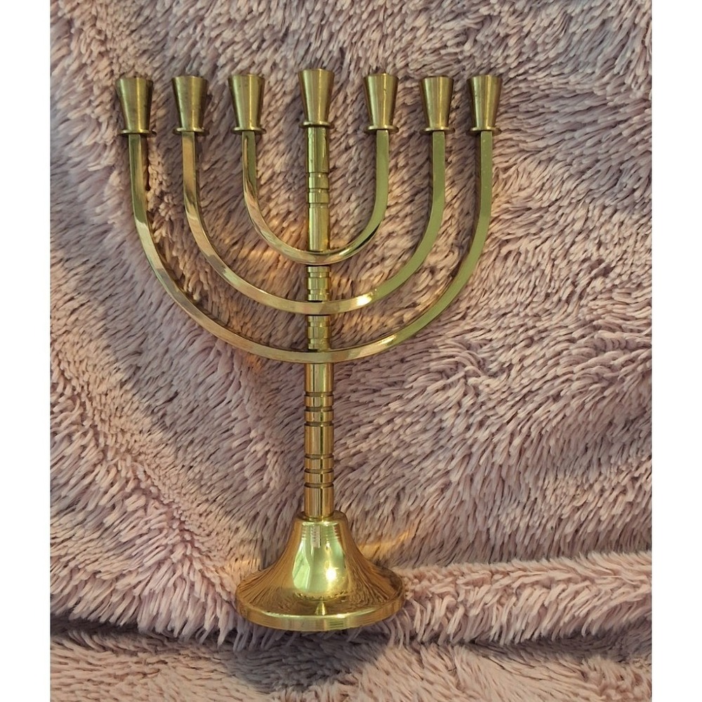 Vintage Polished Brass 7 Branch Menorah Jerusalem Engraved Candelabra 7.5 Inch
